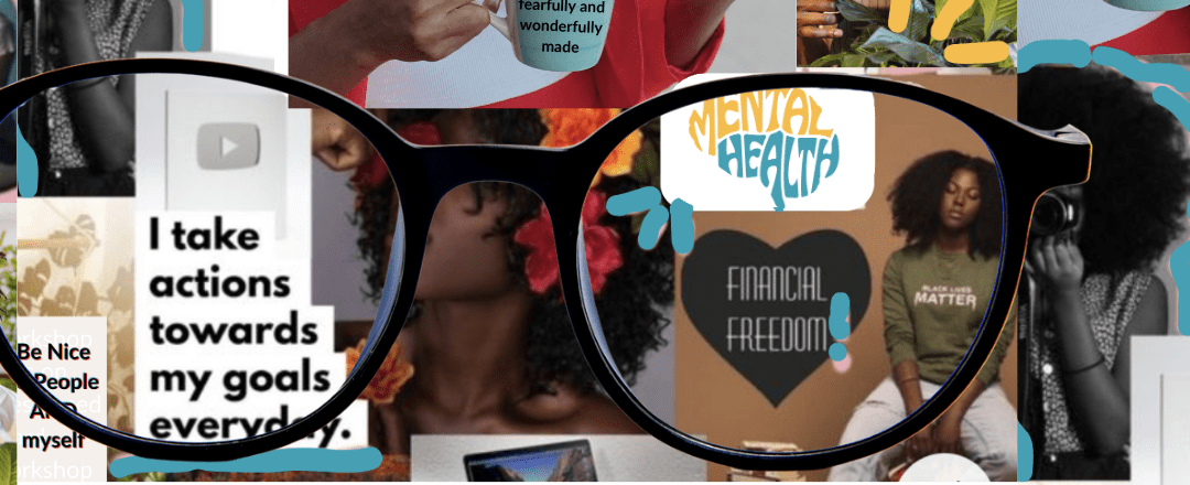Close-up of hands placing meaningful quotes and pictures on a vision board, reflecting personal values and goals.